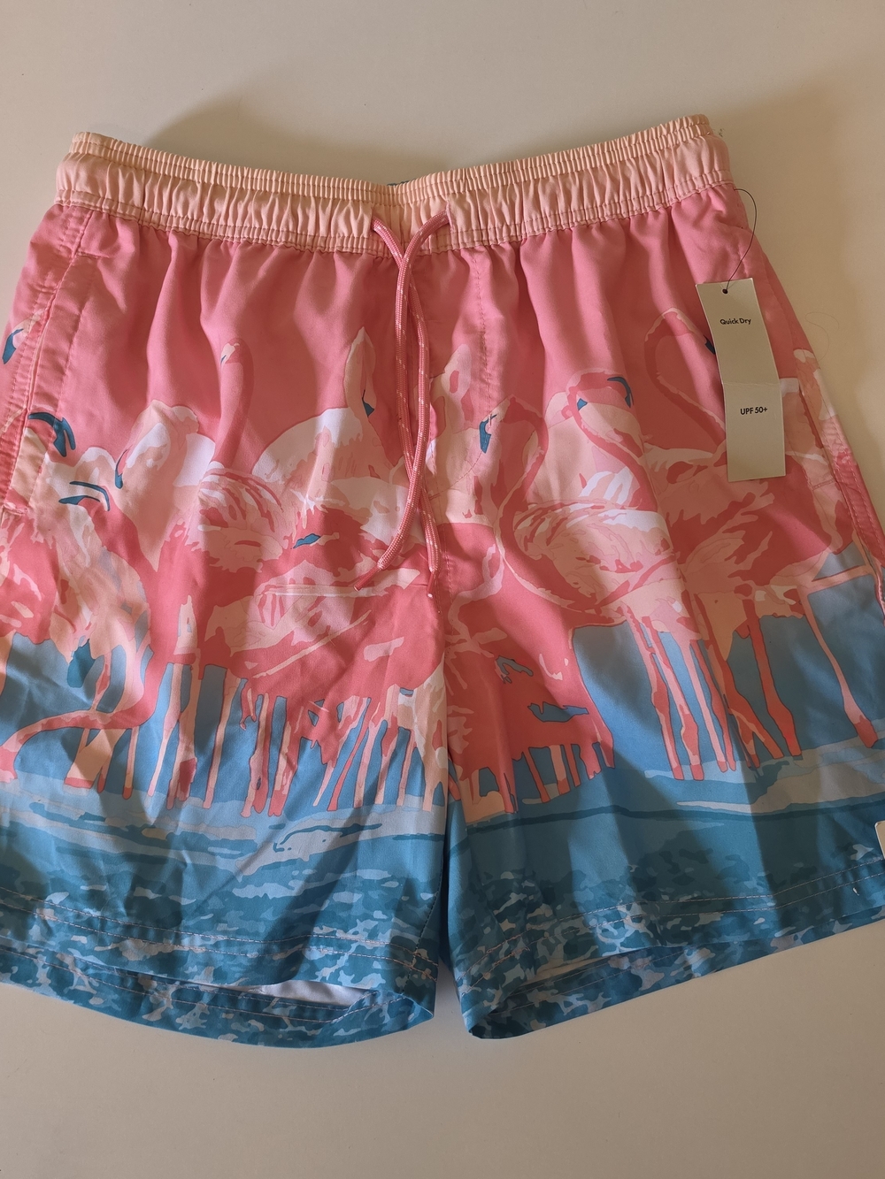 No Boundaries Pink Flamingo Print Swim Shorts with Blue Trim